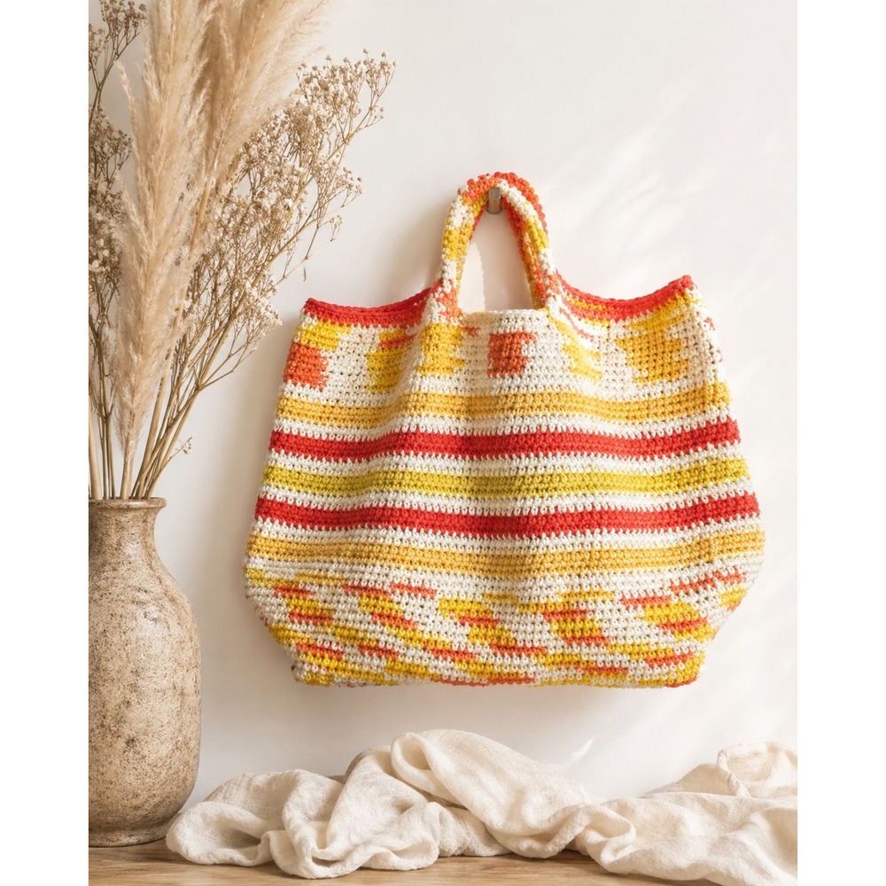Handmade Crochet Tote‎ Bag Boho Striped Knit Market Bag Summer Beach Festival